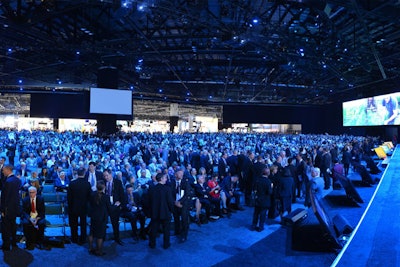 SAP redesigned the keynote theater using an open floor plan that merges into the exhibit hall. The layout has about 1,400 fewer seats than last year, but the presentations are broadcast throughout the hall.