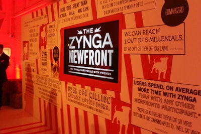 To set the tone at the entrance to Openhouse Gallery, Zynga and MKG framed the entrance space with walls covered in playful graphics and the brand's red bulldog-shaped logo. One wall held statistics with playful footnotes, including 'We can reach 1 out of 5 millennials, but we can't get them off your lawn.'