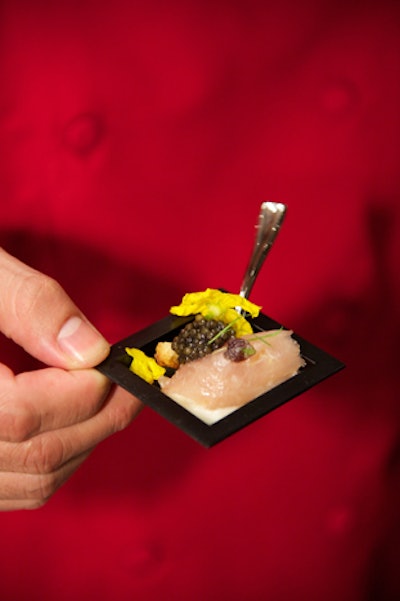 Chef John Suley served a dish inspired by Ang Lee's film Eat Drink Man Woman: hamachi crudo with Osetra caviar, cauliflower, shiso, and lemongrass.