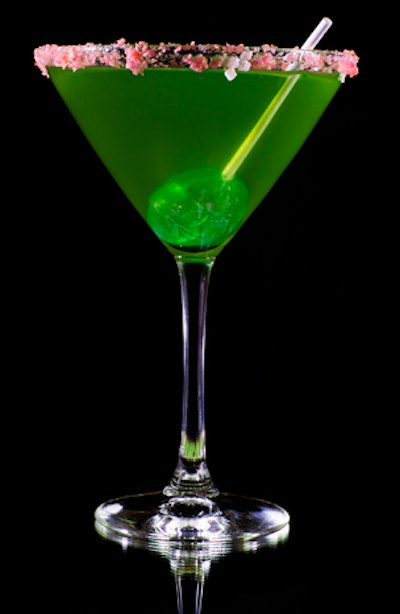 Sugar Factory also offers the 'Blow Pop Martini,' garnished with a rim full of Pop Rocks, bubble gum, and—you guessed it—a Green Apple Blow Pop to top it off.