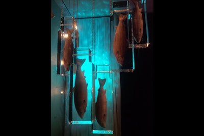 This month's 10th anniversary bash for Toronto event venue the Carlu froze fish in ice blocks to create a chandelier for the seafood station. Plexiglass reservoirs placed below the fixture caught drips from the eye-catching piece.
