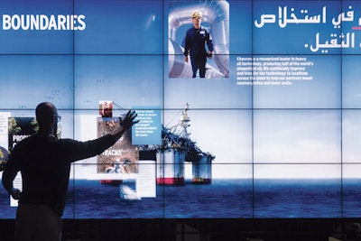 At the World Petroleum Conference in Qatar in December 2011, Control Group created a 12- by 80-foot interactive display wall for Chevron that used Xbox Kinect cameras to see and react to attendee behavior.