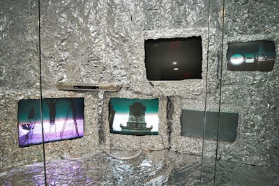 At the main entrance to the party venue, the designers once again played with the idea of wrapping household objects, like televisions and a DVD player, in kitchen aluminum foil. Displayed in a glass vitrine like static art, the televisions broadcasted a live feed from the party and the Clocktower Gallery's iconic clock dial, as well as an inspirational film from sponsor G-Shock.