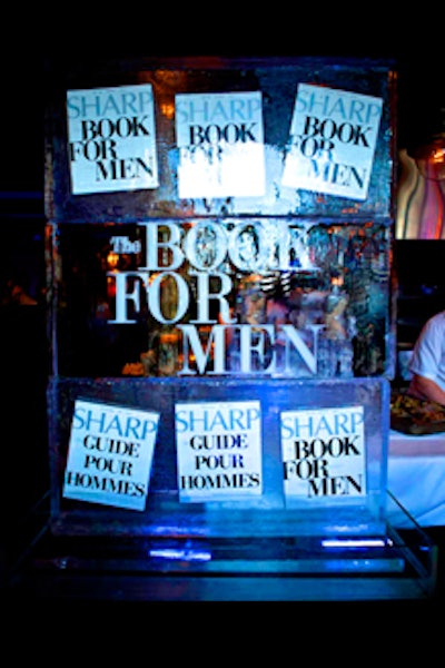 The Toronto launch party for the spring/summer edition of Canada’s Sharp magazine style book displayed the books frozen into a four-inch-thick wall of crystal-clear ice that measured 40 by 60 inches. Etched into the ice wall and packed with white snow was the book’s title, The Book for Men.