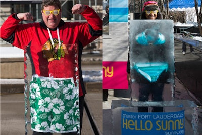 To entice Chicagoans to visit Florida this winter, Greater Fort Lauderdale hosted a warm-weather-themed pop-up promotion on Pioneer Court Plaza in February. Called 'Hello Sunny,' the event allowed guests to pose behind swim trunks and bikinis frozen in blocks of ice. The quirky sculptures played off of the Greater Fort Lauderdale Convention and Tourism Bureau's 'Defrost Your Swimsuit' campaign.