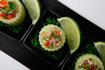 From Elegant Affairs’ clean eating menu, cilantro lime-infused crab salad cucumber cups make for a light, refreshing hors d’oeuvre.