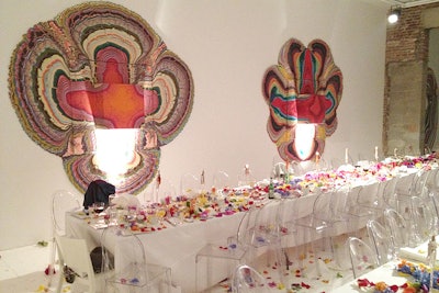 Baura used an all-white table for the Dior Nails anniversary party to offset the colorful petals.