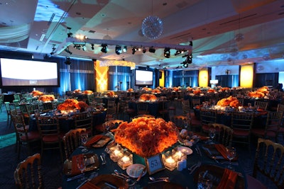 In the ballroom, the blue and orange color scheme was inspired by the society's signature colors.