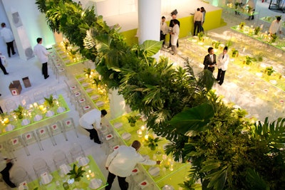 Inside the lobby and atrium, the museum’s planning team delivered a streamlined, modern affair that showcased exotic, lush greenery and pops of neon against a stark white background.