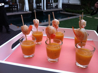 FoodInk Catering created 'Spicy Mango Mary' cocktails with shrimp garnishes for an event.
