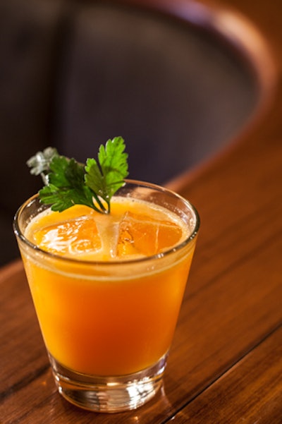 This summer, Fourty Four at Royalton in New York is featuring a garden-to-glass cocktail menu of fruit-, herb-, grain-, and veggie-based drinks. The Jackrabbit Margarita includes Tequila Avión, carrot juice, agave nectar, grapefruit, and lemon, with a garnish of parsley and lime.