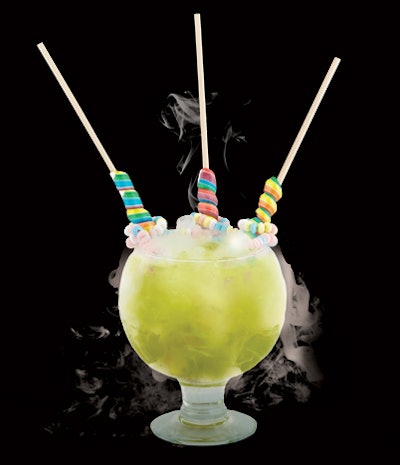 Sugar Factory's 'Lollipop Passion' is a sweet 60-ounce cocktail garnished with candy necklaces and large, whirly lollipops.