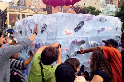 Last summer, Okamoto collaborated with Old Navy to freeze 800 pairs of the brand’s flip-flops in a giant block of ice; as the ice melted, passersby grabbed a free pair.