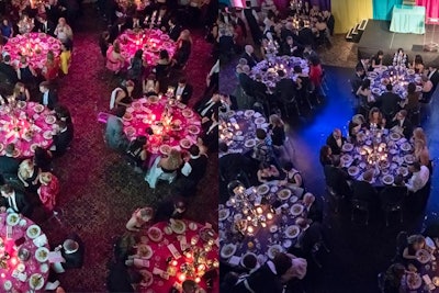 Dinner tables were decked in colored linens.