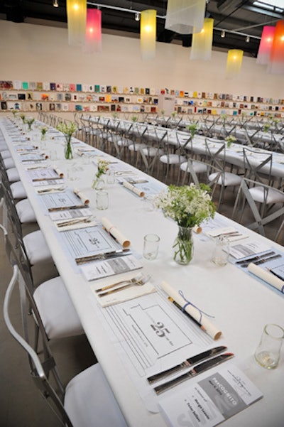 The handblown water glasses and vases placed on the tables came from students at the Watts Labor Community Action Committee’s glass program.