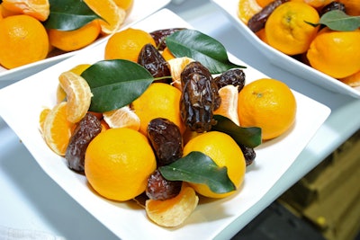 Dates and tangerines made a colorful presentation in the menu, conceptualized by Alice Waters of Chez Panisse and adapted and executed by Suzanne Goin and Lucques Catering.