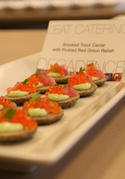 L-Eat Catering also served smoked trout caviar and pickled red onion relish canapés at the Carlu anniversary gala.