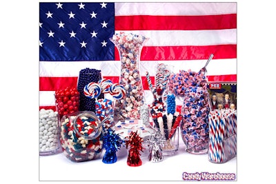 Assorted red, white, and blue candies on display.