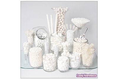 Assorted white candies on display.