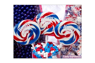 Red, white, and blue Whirly Pops.