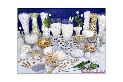 White candy display with gold accents.