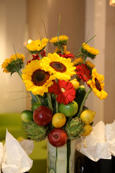 The centerpiece also carried the healthy theme with fruits and vegetables arranged alongside the sunflowers.
