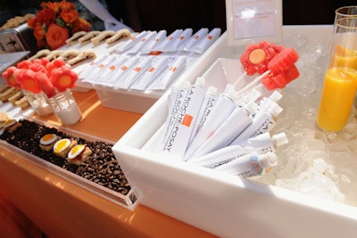 The stationary breakfast spread at the press presentation included on-theme options, like organic French yogurt served in Anthelios-branded sunscreen tubes and tea sandwiches in the shape of umbrellas.