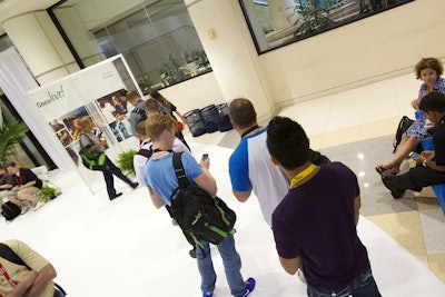 Attendees lined up outside four soundproof booths in the lounge to record a 10-second video in response to the question, “What would I like to connect to the Internet of everything?” The company will post some of the videos to its Web site.