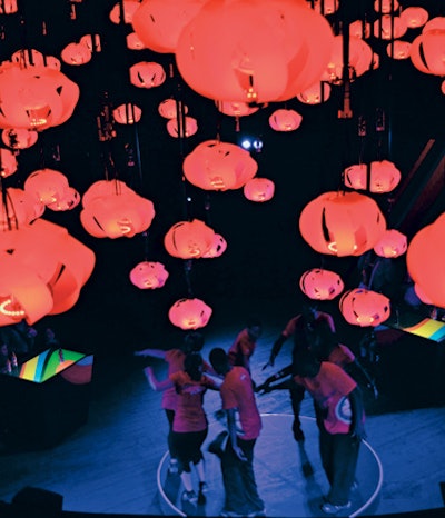 Kiosks at the center of the pavilion controlled an installation of bubble-shaped lights.