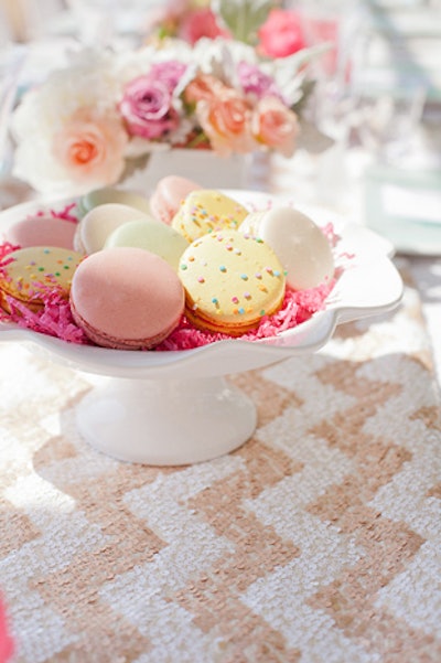 Colorful macaroons came from Thomas Keller's Bouchon Bakery, and the linens from La Tavola had a pink-and-white chevron pattern sewn up with sequins.
