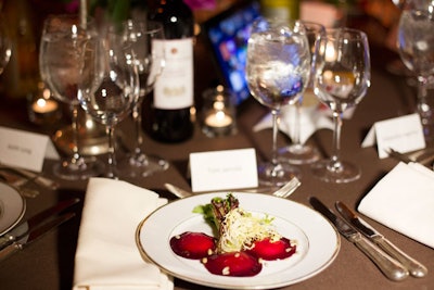 Catered by the Plaza's in-house food and beverage teams, the event's menu included beet ravioli with Westfield Farm goat cheese (pictured), pickled greens and mezze arugula, roast lemon chicken with rapini and leek and spring pea risotto, and, for dessert, a red velvet crunch cake bar and roasted plums.