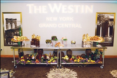New York-style deli station, including potato knishes, grilled pumpernickel bread, the Pickle Guy pickles, local mustard, and Schaller & Weber deli meats, by Westin New York Grand Central