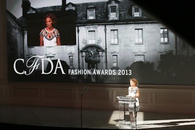 To support C.F.D.A. president Diane von Furstenberg's desire for this year's awards to have a 'one point of view' design ethos, a 35- by 19-foot projection screen displayed rotating black-and-white images taken at the historic Alder Manor in the Yonkers. Each room or space represented an honoree or category of nominees to keep with the night's narrative flow.