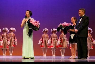 Honorees Eleanor and Frank Pao, who contributed a $1 million endowment at the event, accepted flowers from a Boston Ballet school student at the event.