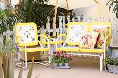 Summerland vintage patio furniture in buttercup, including two-seat glider, $44.50, armchair, $23.50, and side table, $13.50, available throughout Southern California from Town & Country Event Rentals