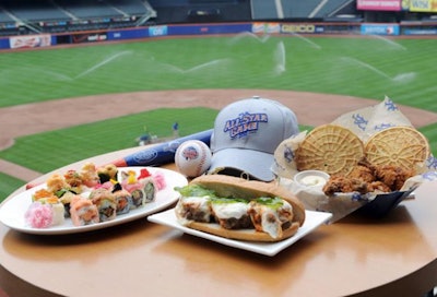 Aramark debuted its all-star game menu on Wednesday at a private tasting. The menu includes Daruma of Tokyo sushi rolls, Tribeca Grill's 'Batter Up Chicken,' and the 'All-Star Meatball Hero.'