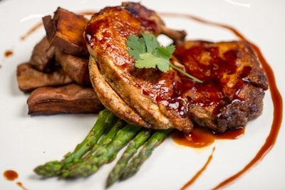 Roasted chicken teriyaki with sweet potato wedges and asparagus
