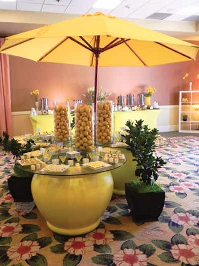 Lemon Break, including a lemonade display, lemon tarts, lemon sorbet, lemon candies, lemon confit, lemon drops, lemon shooters, lemon chiffon cakes, lemon crème brûlées, lemon rum babas, lemon napoleons, and lemon meringues, by Newport Beach Marriott Hotel & Spa in California