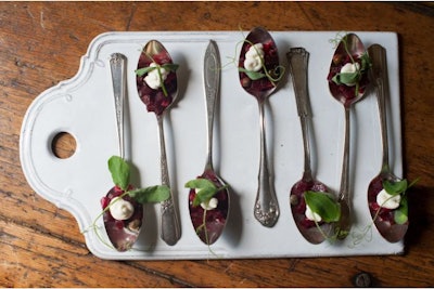 Photo by Rob Penner Beet Caviar with Crème Fraiche and Pea Shoots