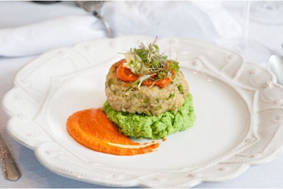 Photo by Rob Penner Risotto Cake with Pea Puree & Romesco