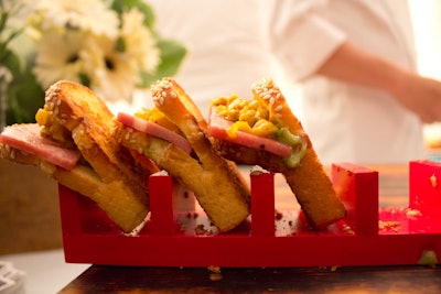 Craig Kokestu of New York's soon-to-open Quality Italian served the 'Quality Italian Dog,' miniature sandwiches stuffed with griddled mortadella, eggplant relish, and pistachio mayo.