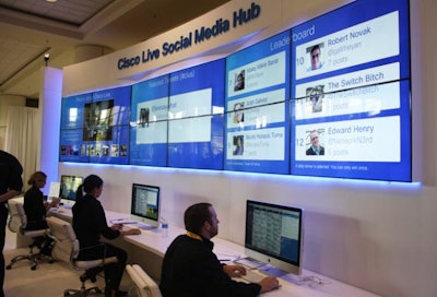 Monitors behind the Social Media Hub's front desk display the volume of tweets over time, a leaderboard of the most active people tweeting with the event hashtags, photos shared on Twitter and Instagram, a word cloud of trending topics, and more.