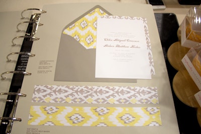 Ikat is the hot pattern of the moment. The Ikat invitation from Avie Designs features the textile pattern on belly bands and envelope liners.
