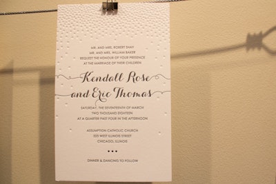 A blind impression is a method of letter-pressing paper without using any ink to create a subtle motif or pattern. The invite, from Designers' Fine Press, features blind impressed polka dots.
