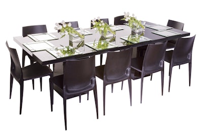 Mariner dining table, $200, and Bellini chairs, $18 each, available throughout South Florida from Lavish Event Rentals