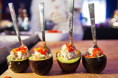 One of the food offerings at the Peru pavilion was avocados stuffed with feta cheese, dill, cucumber, and onions and topped with peppers.