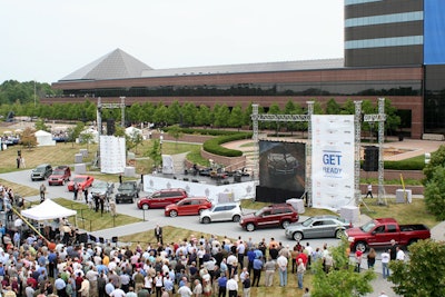 Car stage platforms with event trussing for messaging.