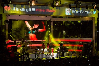 A streaming social media feed from Twubs ran along the top of the stage, providing real-time commentary on performers such as Pitbull.