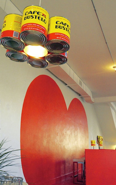 At the Marfa Film Festival in Texas in 2010, the We Came In Peace-designed Café Bustelo Filling Station was marked by the coffee brand's yellow-and-red aluminum cans. In addition to using the cans as planters for cacti, the designers crafted them into chandeliers and lighting installations.