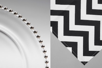 Among the new additions to Chair-man Mills's rental inventory are black-and-white chevron napkins (pictured, right), which rent for $2 each. Use them alongside the company's new glass silver bead chargers (pictured, left), $5 each, for a contemporary tabletop look.